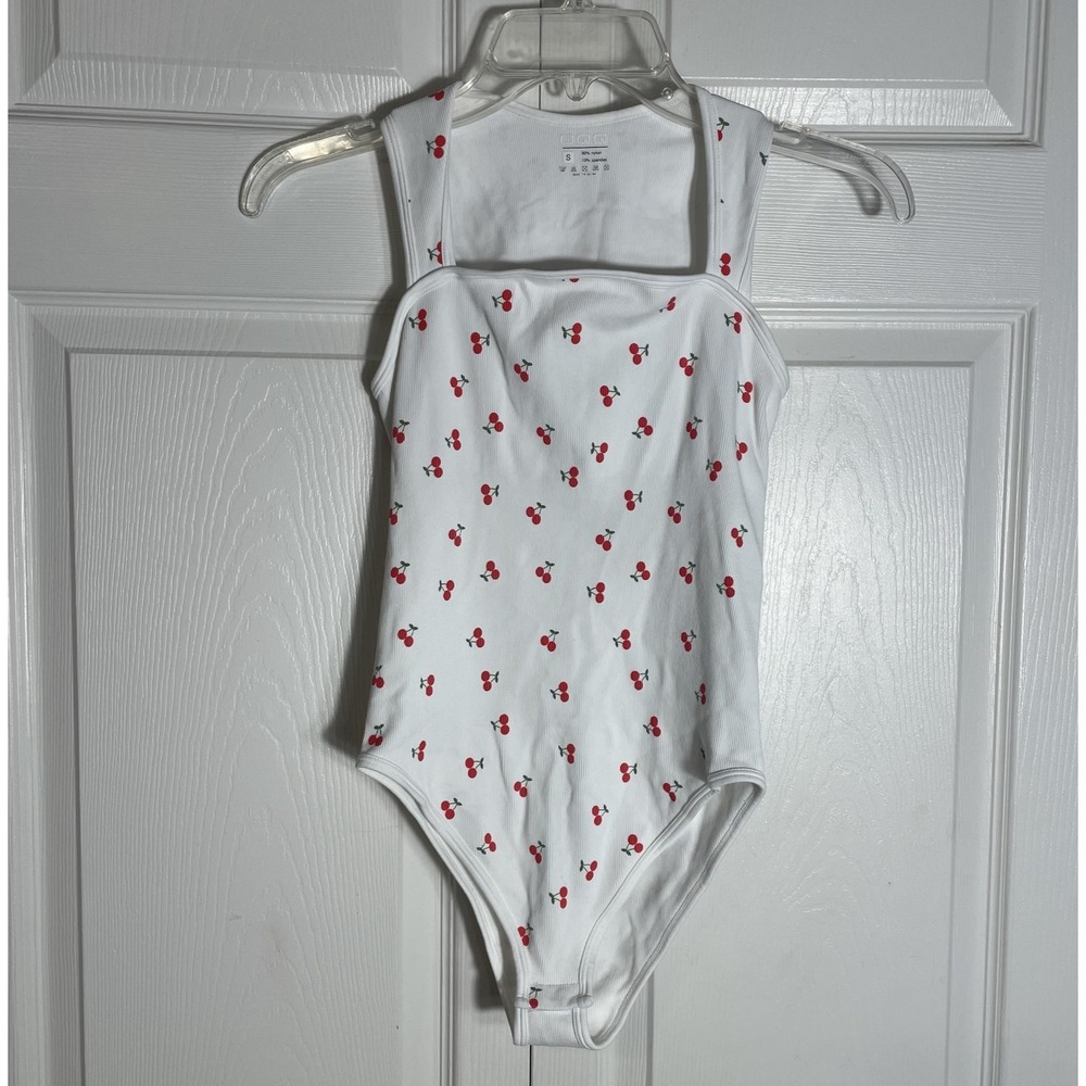 OQQ‎ Tank Bodysuit Women Small White Cherry Print One Piece Snap Closure Bikini
